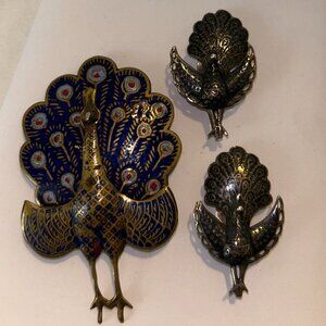 Silver Peacock Brooch and Clip Earring Set